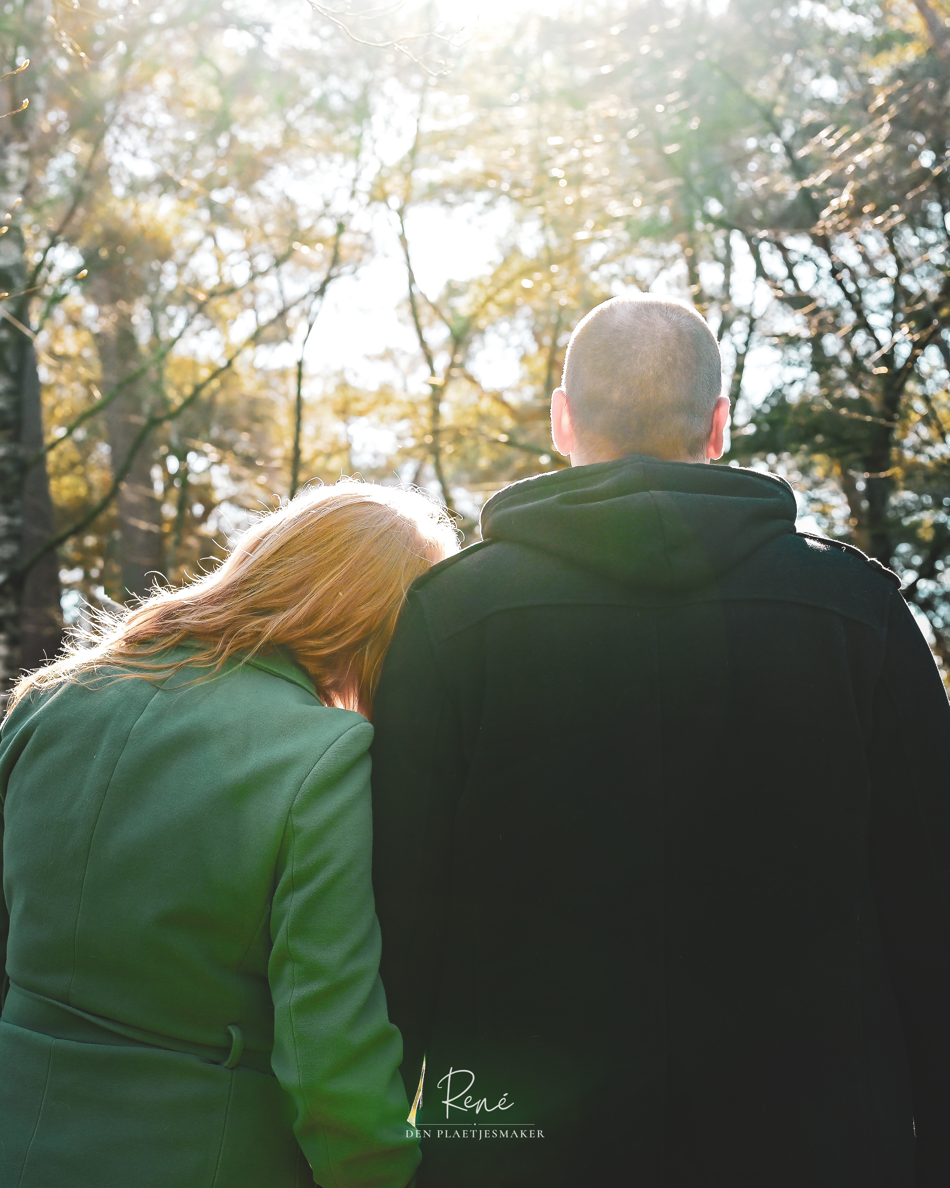 Stel samen en kijkt naar het zonlicht tijdens een fotoshoot in het bos